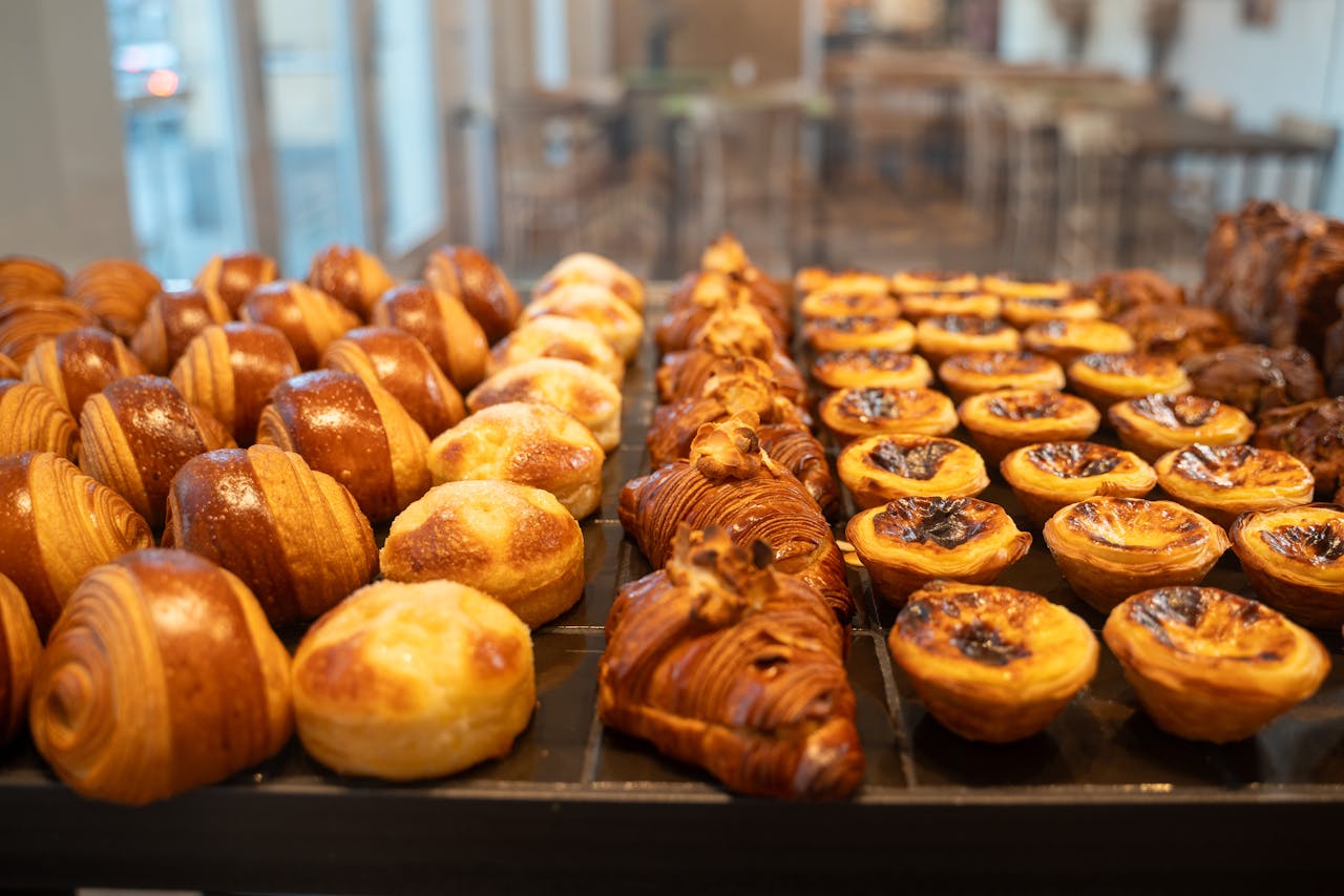 Close-up of assorted freshly baked pastries in a Berlin bakery.